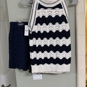 LOFT Navy and White Scallop Knit Top